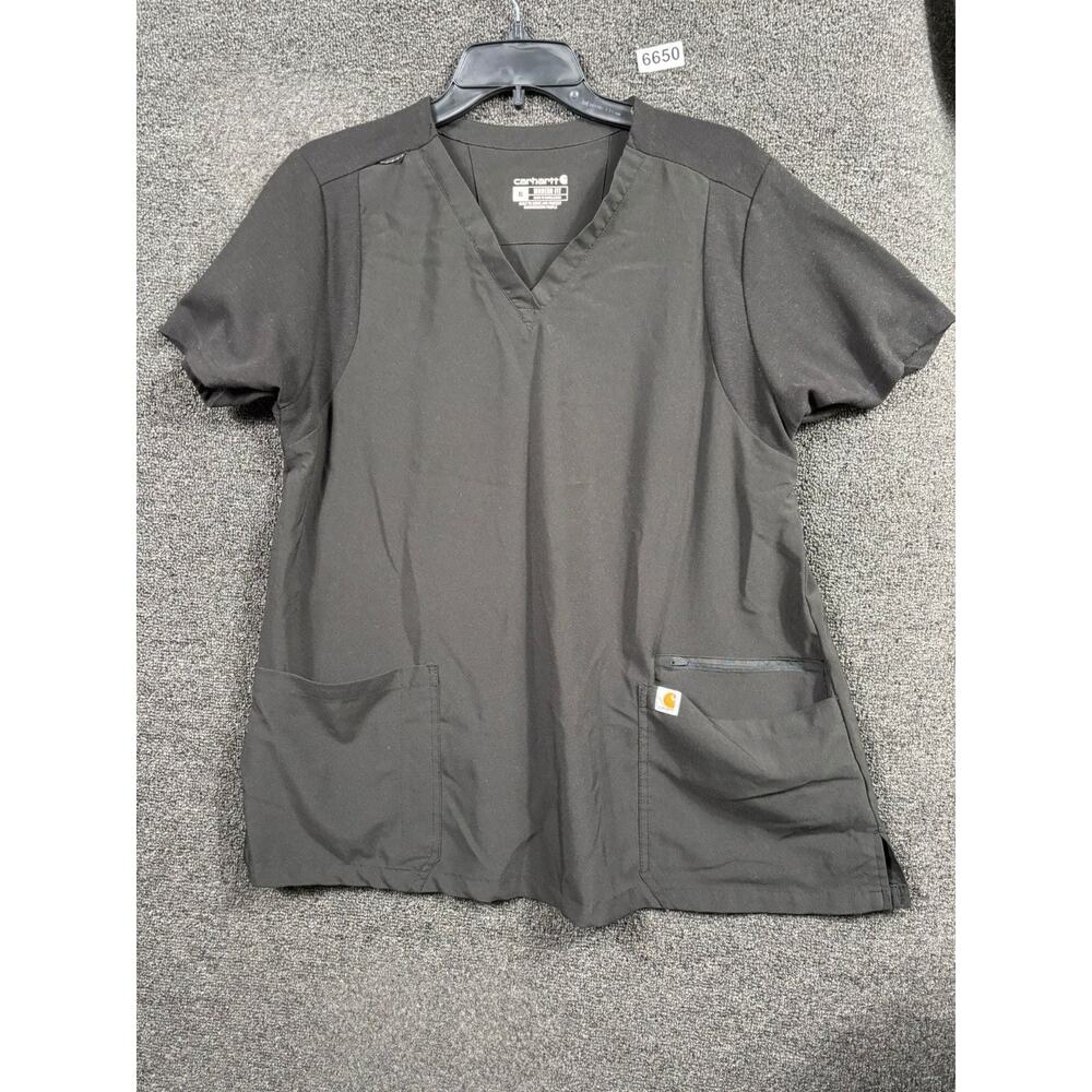 Carhartt Scrub Shirt Womens XL Black Force V Neck Pockets Stretch Top - Picture 2 of 8